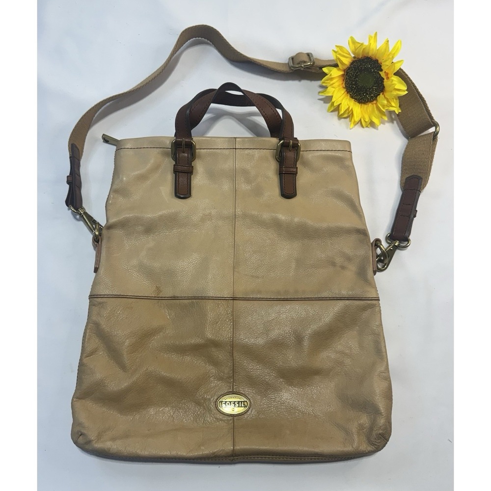 Fossil Explorer Foldover Leather Crossbody Messenger Shoulder Bag Tote Tan Boho